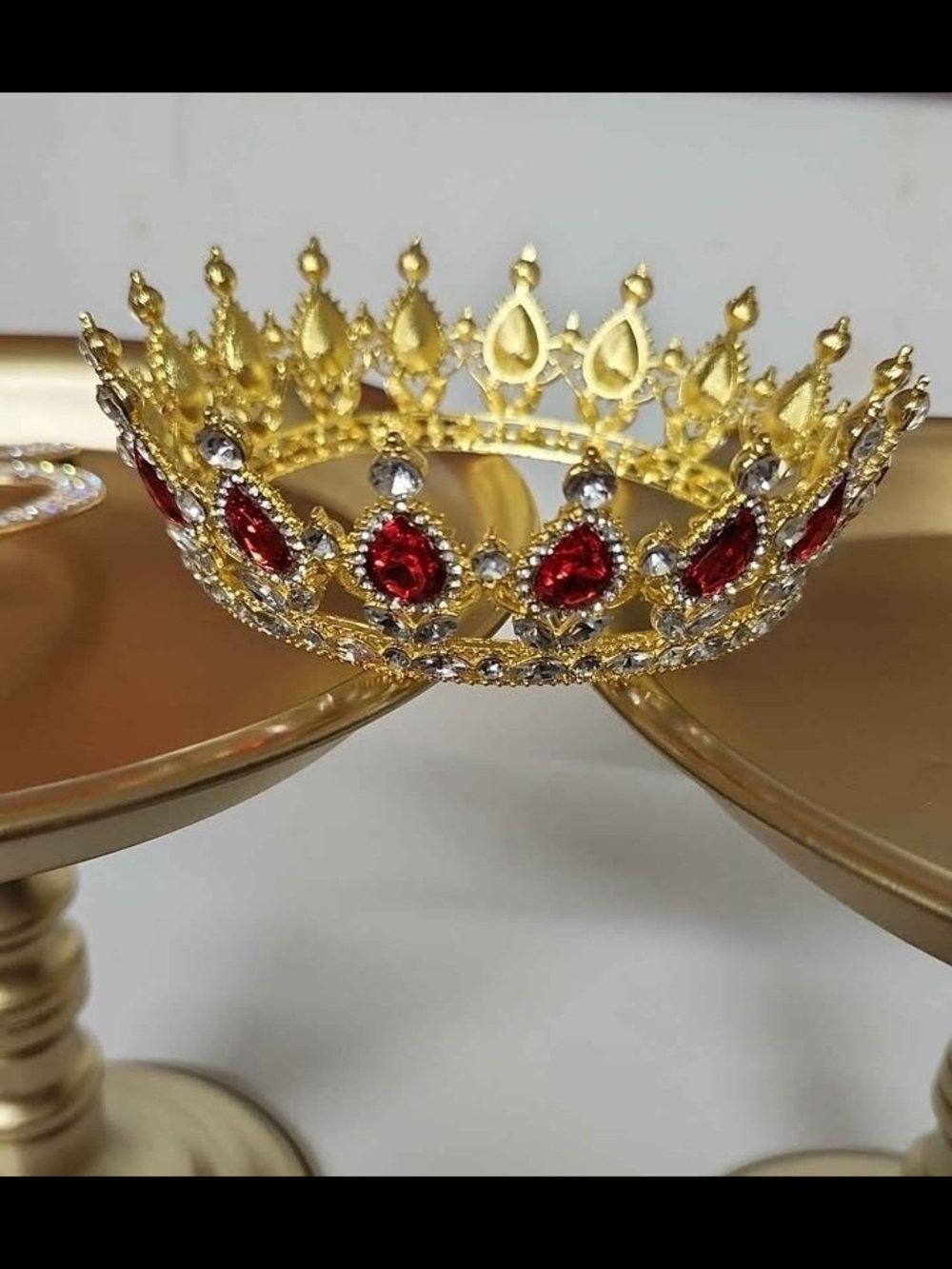 Gold Tiara Crown with Red Gem Accents- Elegant Cake Topper Or Women's Accessory